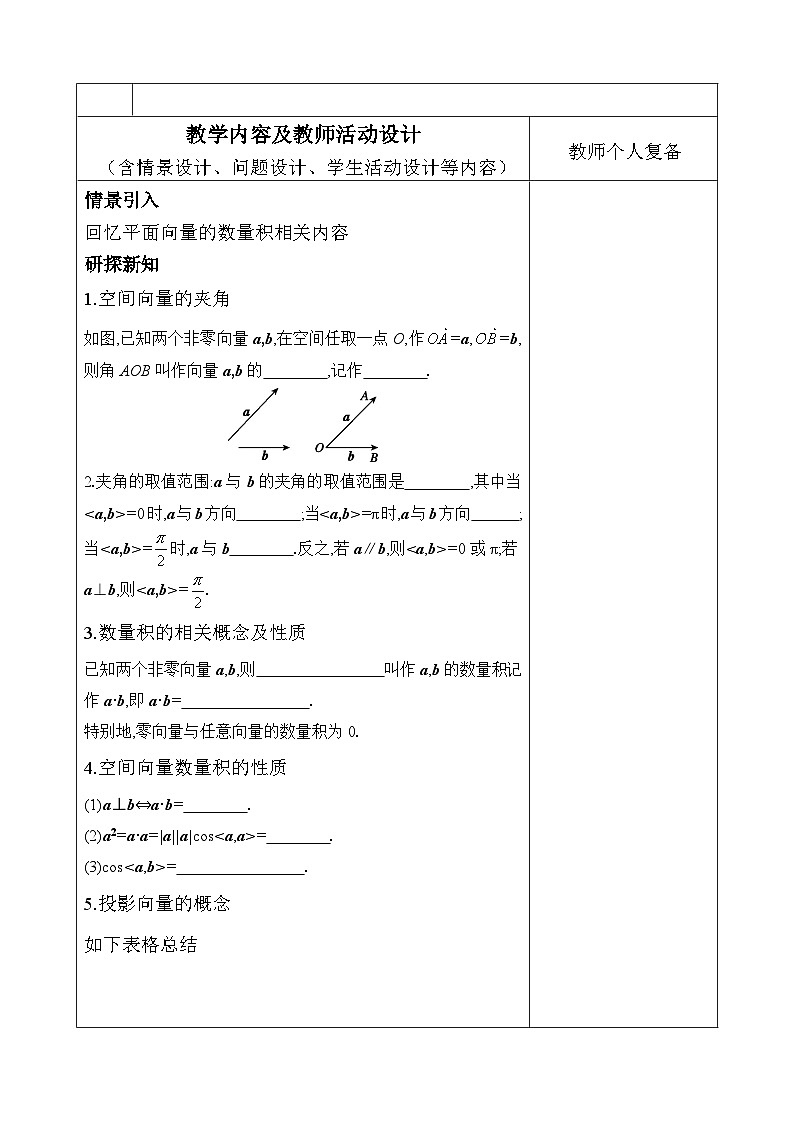 人教版高二数学（上）选择性必修第一册1.1.2空向量数量积的运算【教学设计】第2页