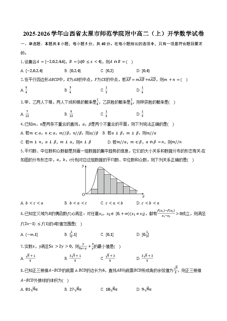 2025-2026学年山西省太原市师范学院附中高二（上）开学数学试卷（含解析）第1页