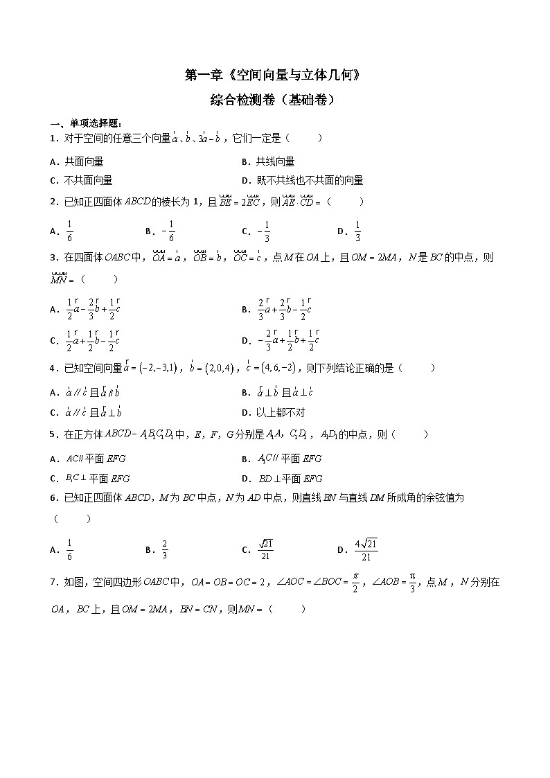 （人教A版）选择性必修一高二数学上册 第一章《空间向量与立体几何》单元综合检测卷（基础卷）(原卷版)第1页