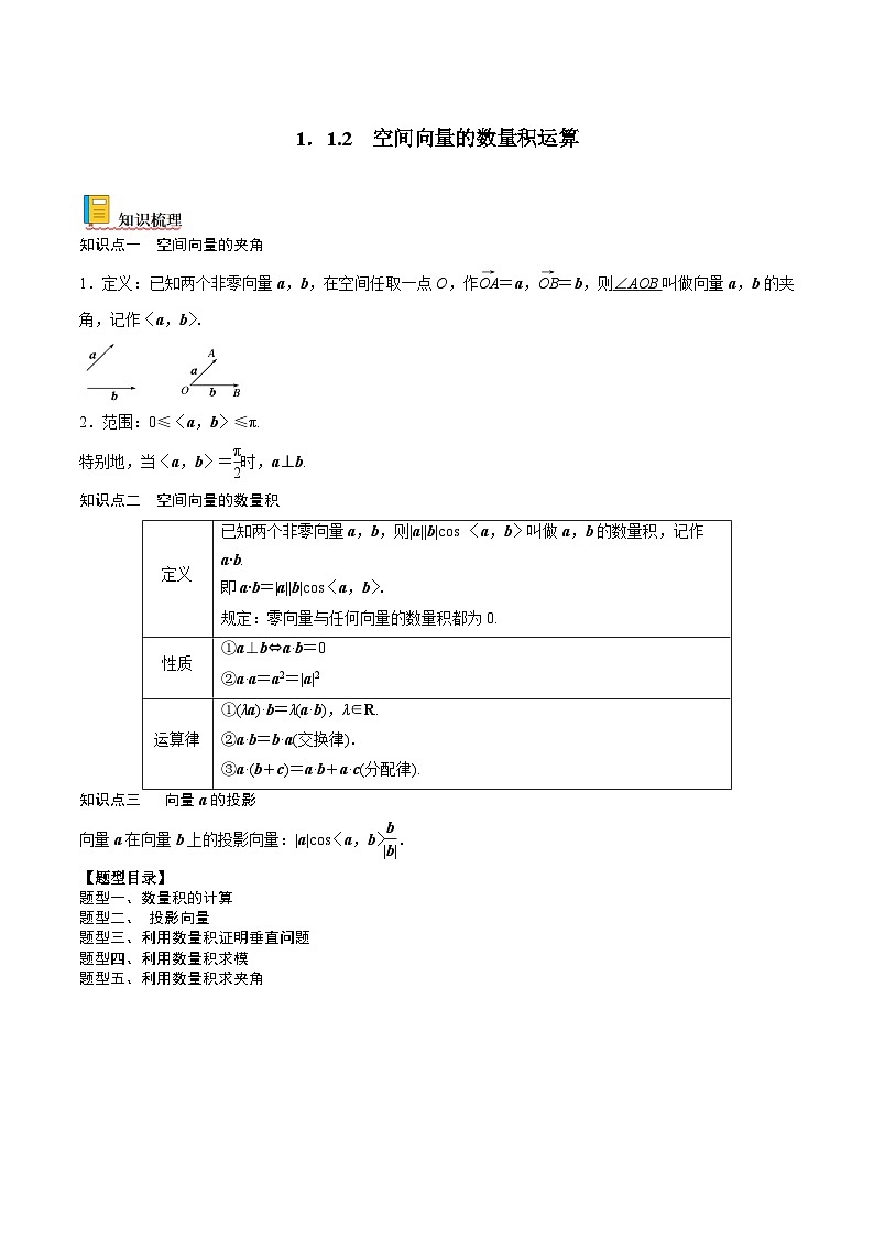 （人教A版）选择性必修一高二数学上册同步讲义+达标检测1.1.2 空间向量的数量积运算（原卷版）第1页