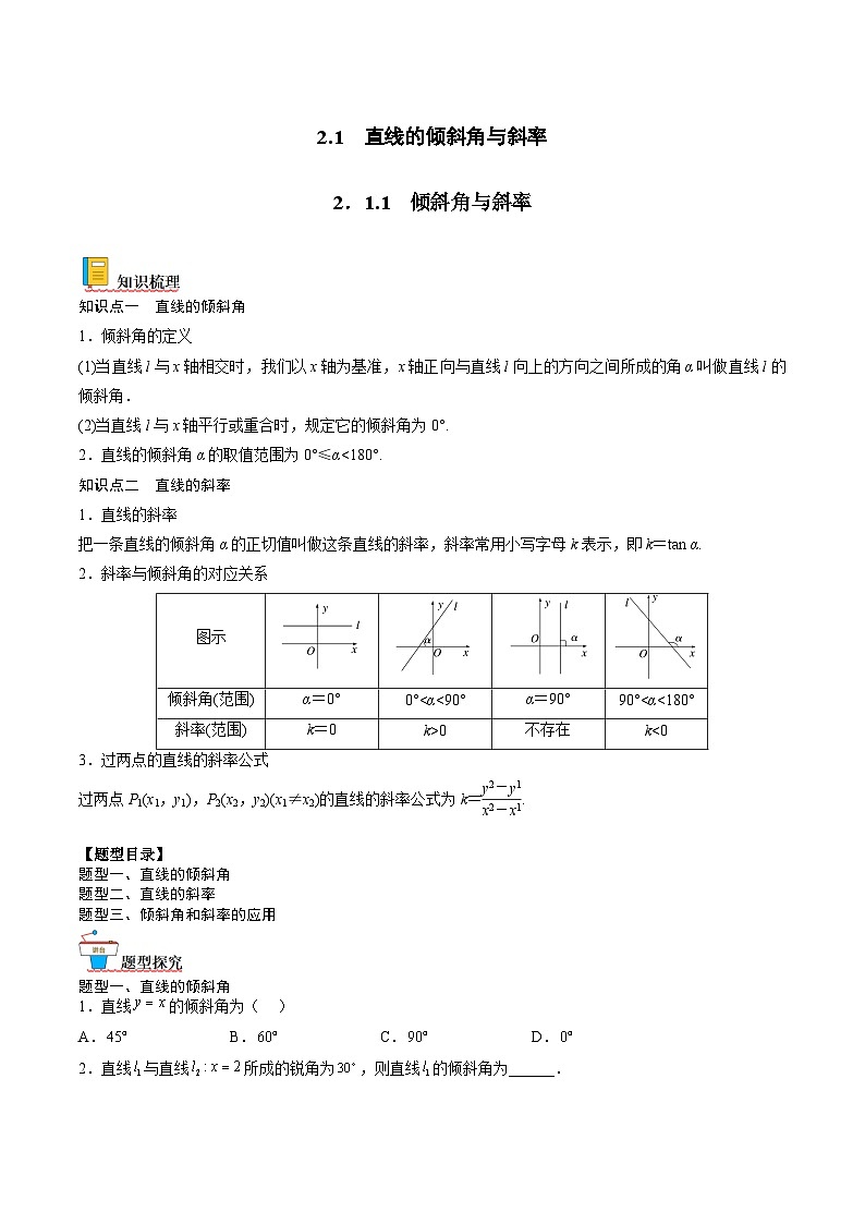 （人教A版）选择性必修一高二数学上册同步讲义+达标检测2.1.1 倾斜角与斜率（原卷版）第1页