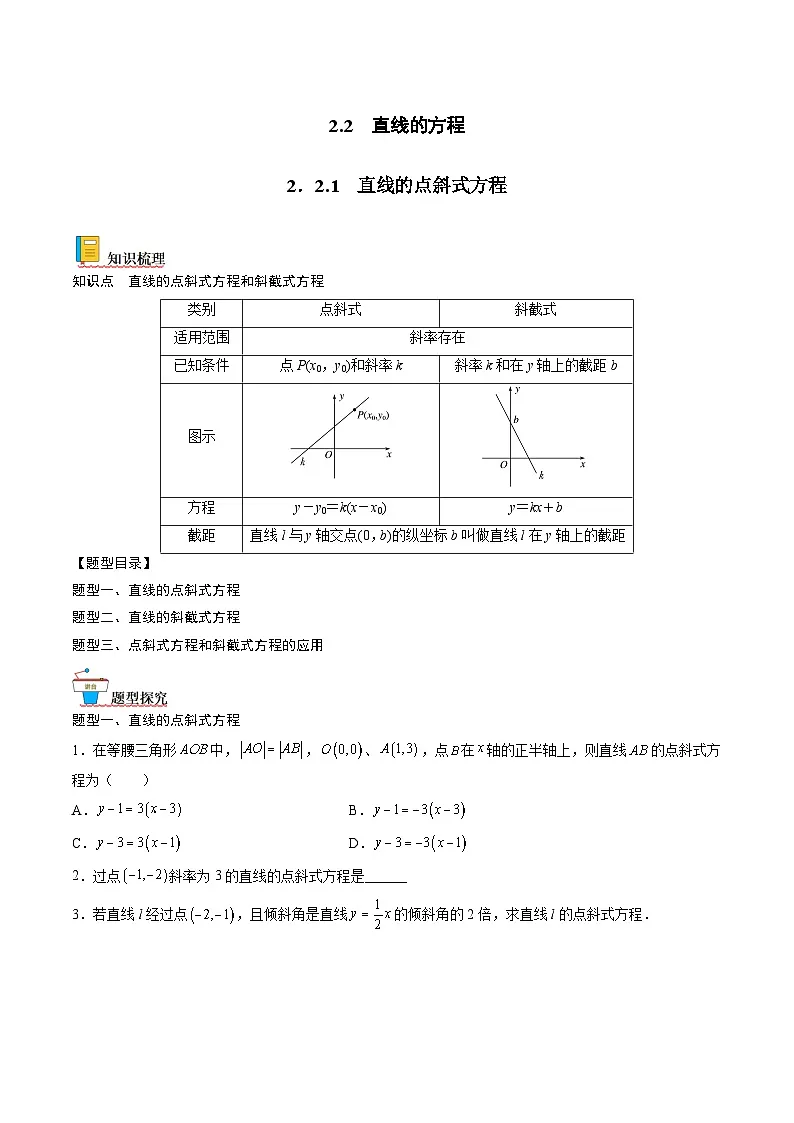 （人教A版）选择性必修一高二数学上册同步讲义+达标检测2.2.1 直线的点斜式方程（原卷版）第1页