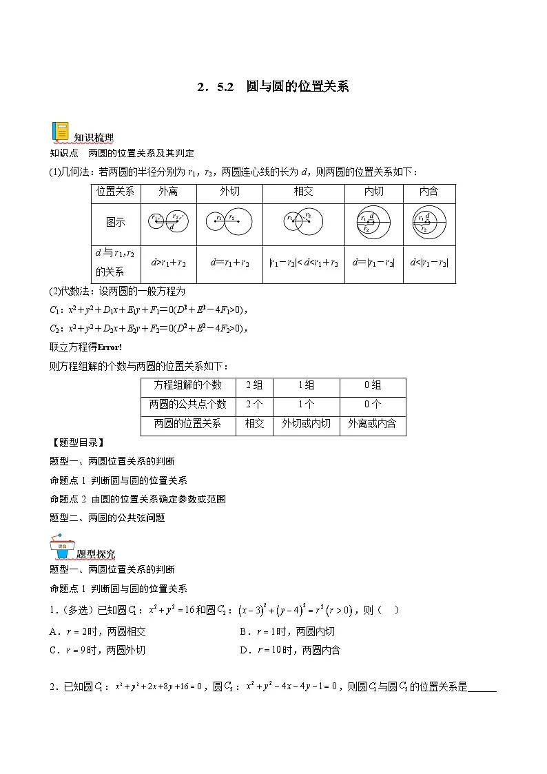 （人教A版）选择性必修一高二数学上册同步讲义+达标检测2.5.2 圆与圆的位置关系（原卷版）第1页