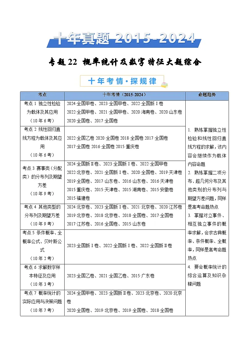 专题22 概率统计及数字特征大题综合（教师卷）第1页