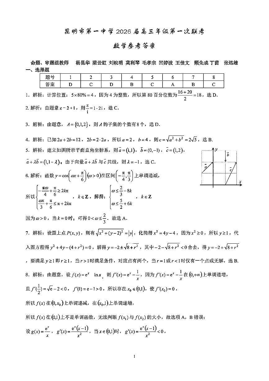 昆明市第一中学2026届高三年级第一次联考+数学答案第1页