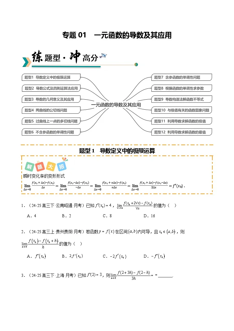 专题01 一元函数的导数及其应用（题型清单）（原卷版）2026高考数学一轮复习知识清单（全国通用）第1页
