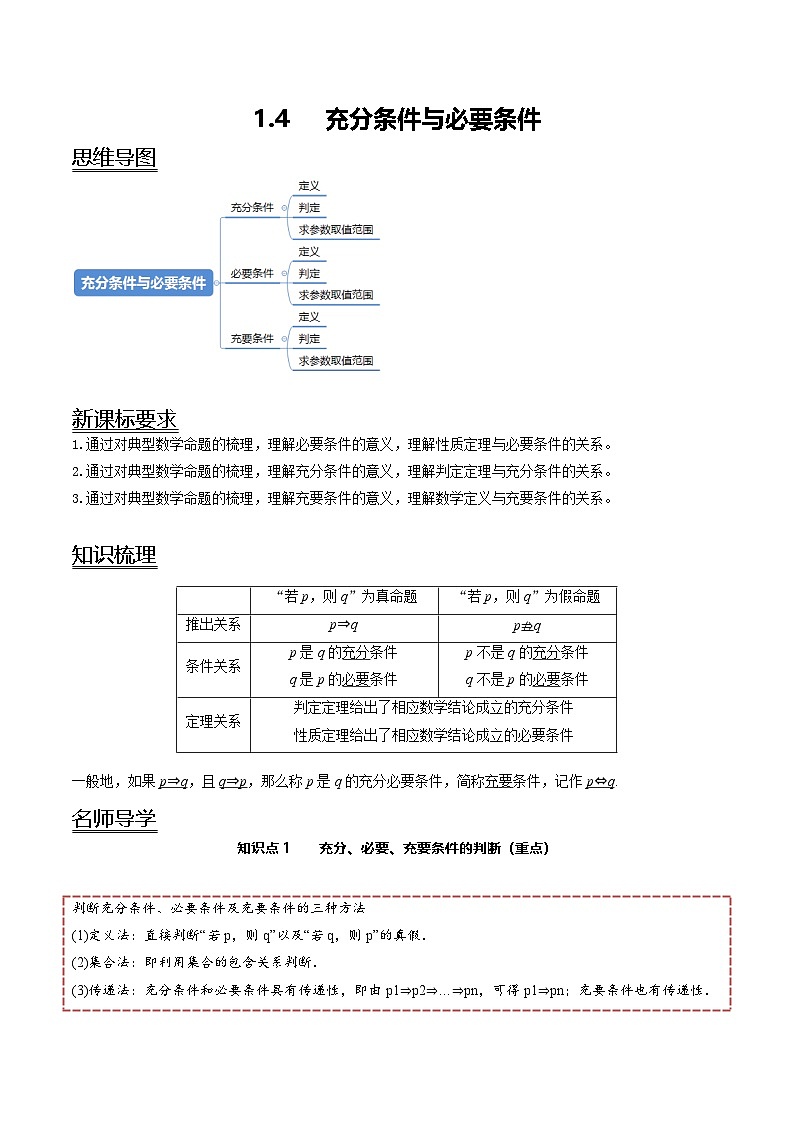 （人教A版）必修一高一数学上册同步讲义+分层练习1.4 充分条件与必要条件（解析版）第1页