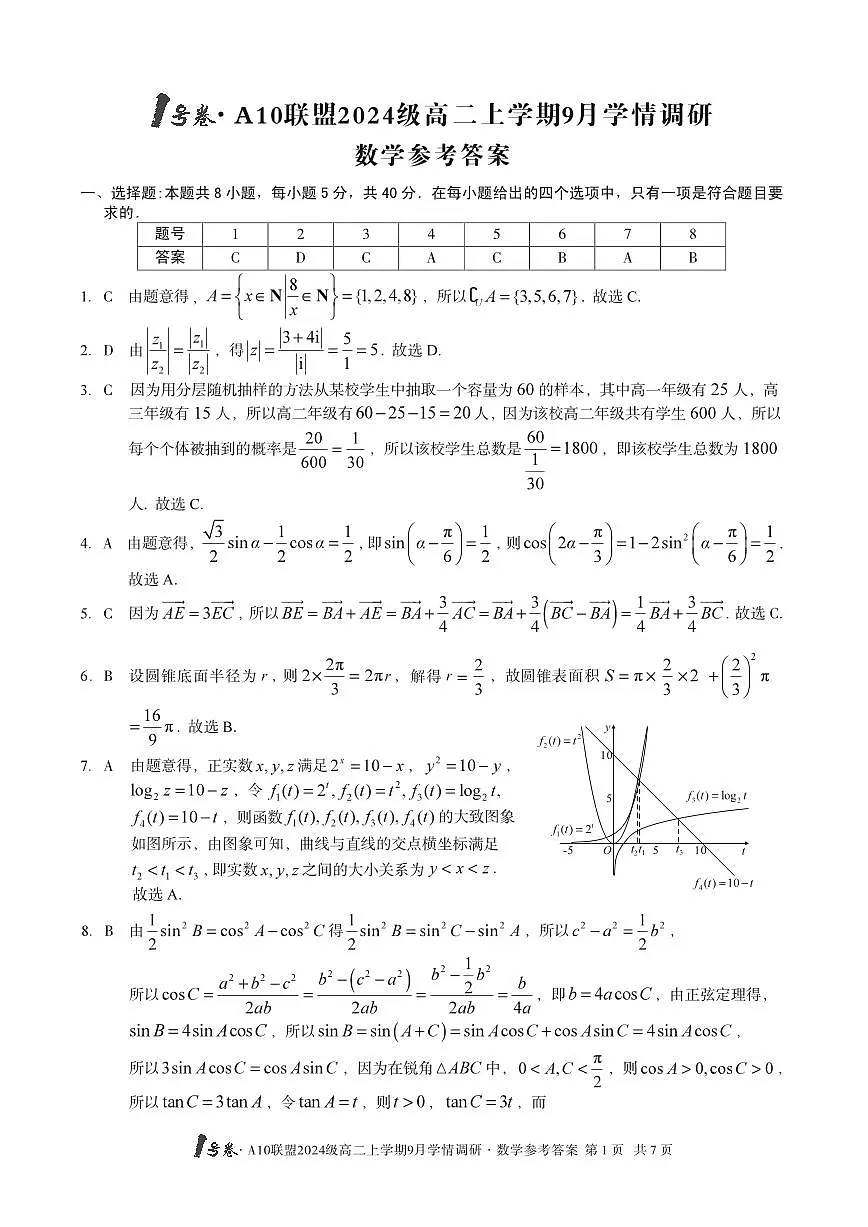 （数学）1号卷·A10联盟2024级高二上学期9月学情调研数学答案第1页