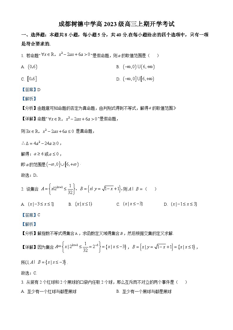 树德中学高2023级高三上开学考试+数学答案第1页