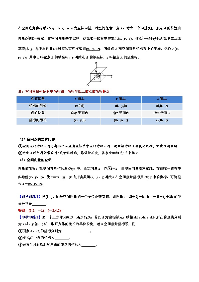 （人教A版）选择性必修一高二数学上册同步讲义+巩固练习1.3空间向量及其运算的坐标表示（解析版） 第2页