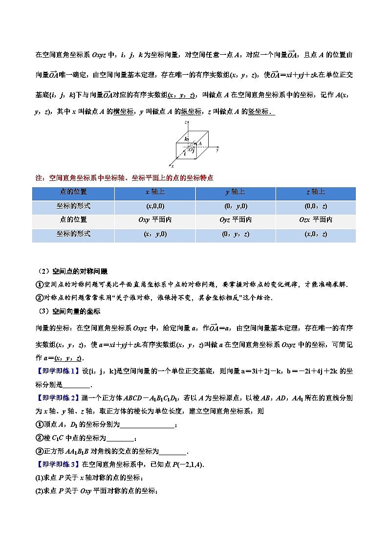 （人教A版）选择性必修一高二数学上册同步讲义+巩固练习1.3空间向量及其运算的坐标表示（原卷版） 第2页