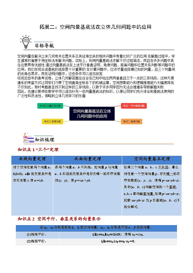 （人教A版）选择性必修一高二数学上册期末培优练习拓展二：空间向量基底法在立体几何问题中的应用（原卷版） 第1页