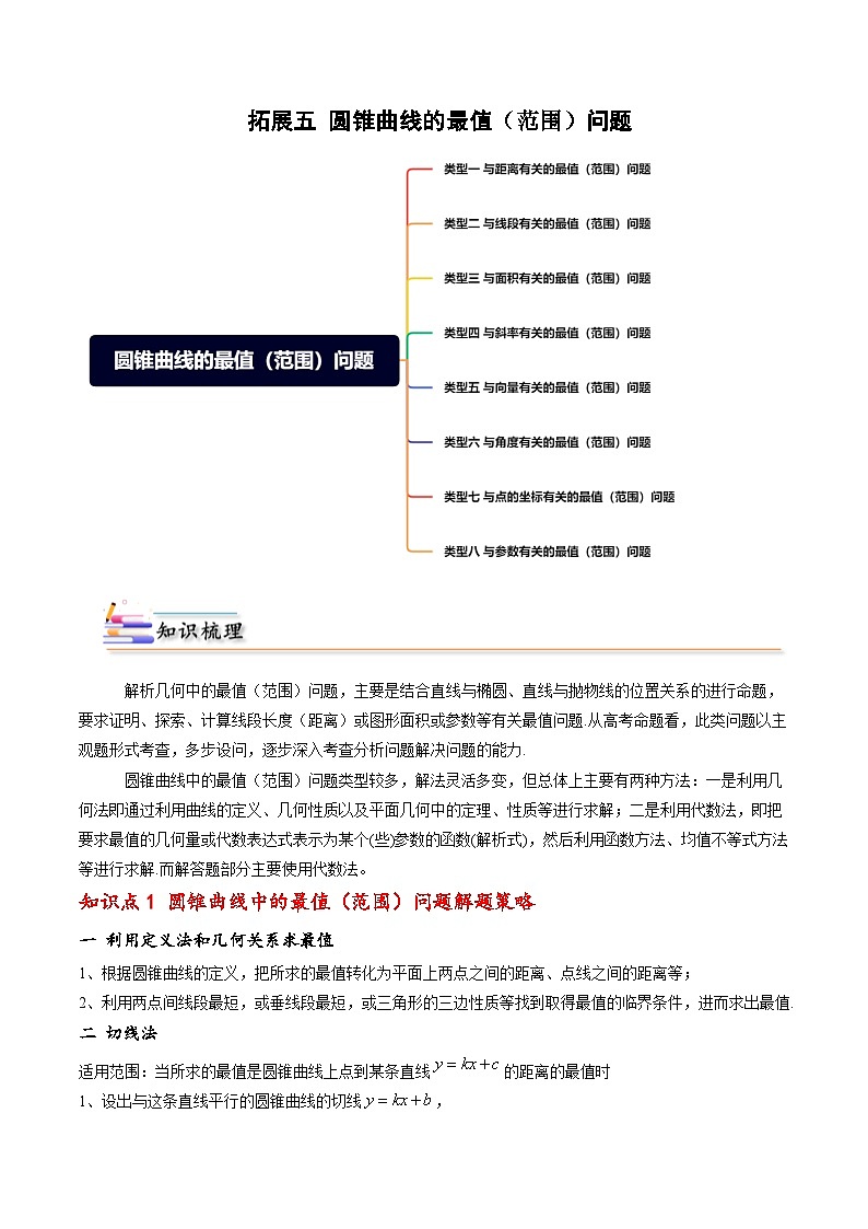 （人教A版）选择性必修一高二数学上册期末培优练习拓展五 圆锥曲线的最值问题（解析版）第1页