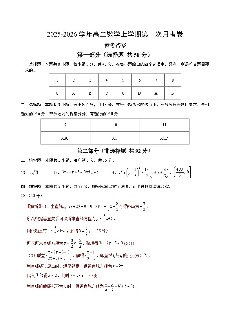 高二数学第一次月考卷（参考答案）（人教A版2019）第1页