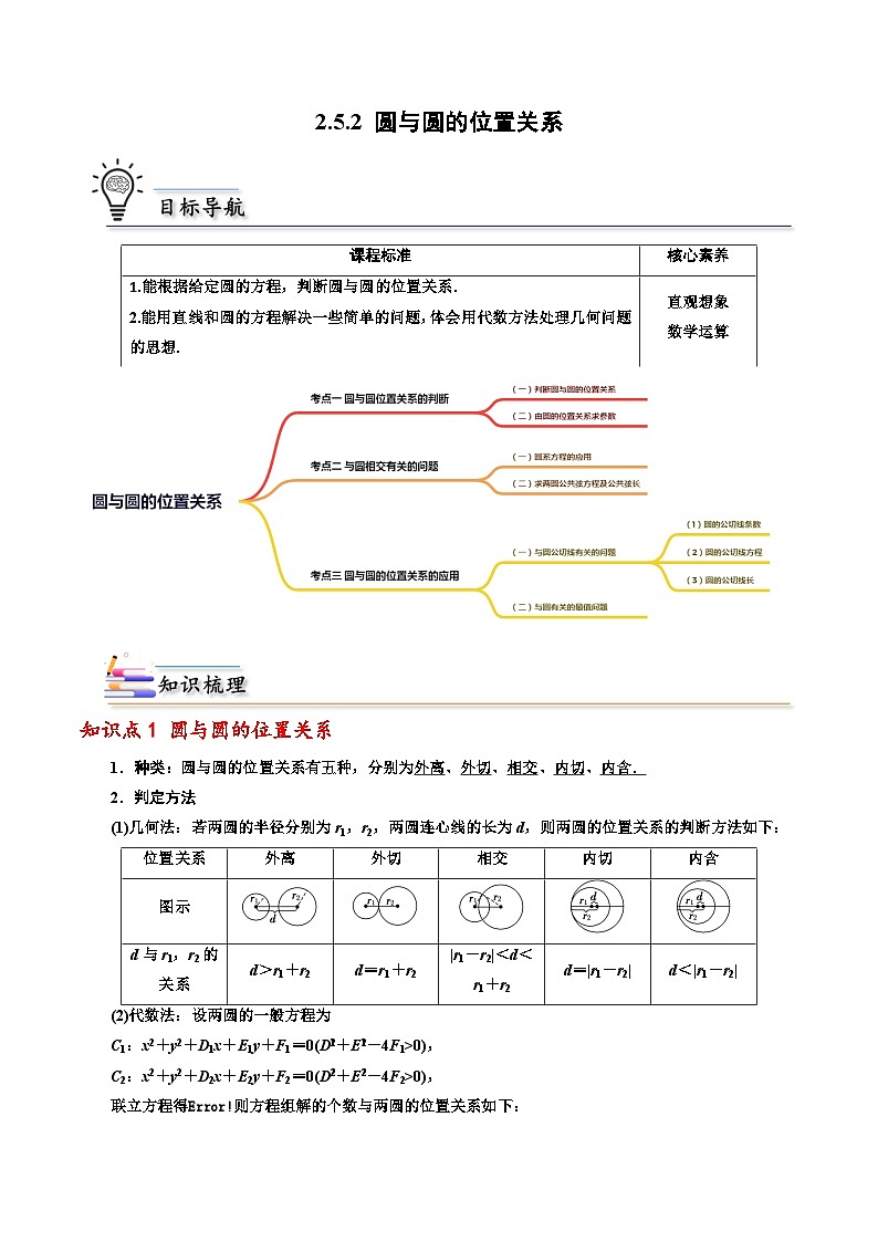 （人教A版）选择性必修一高二数学上册同步讲义+巩固练习2.5.2 圆与圆的位置关系（解析版） 第1页