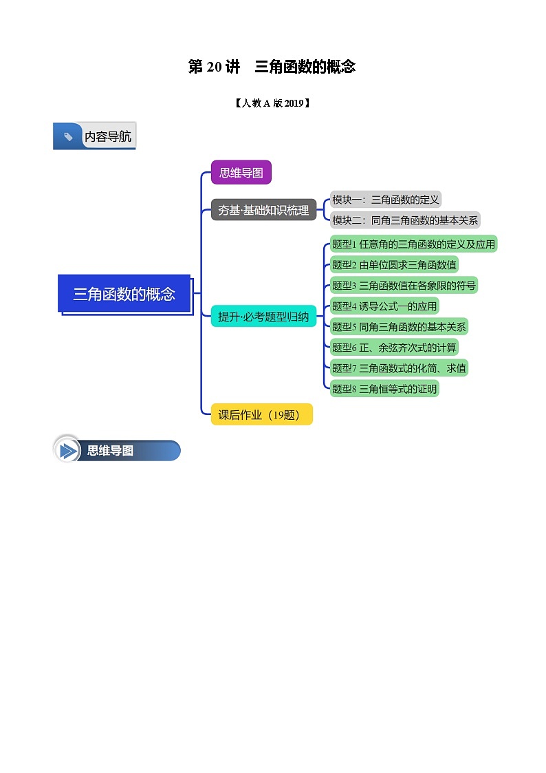 第20讲 三角函数的概念（八大题型+思维导图+知识梳理+课后作业）（人教A版2019必修第一册）（原卷版）-A4第1页