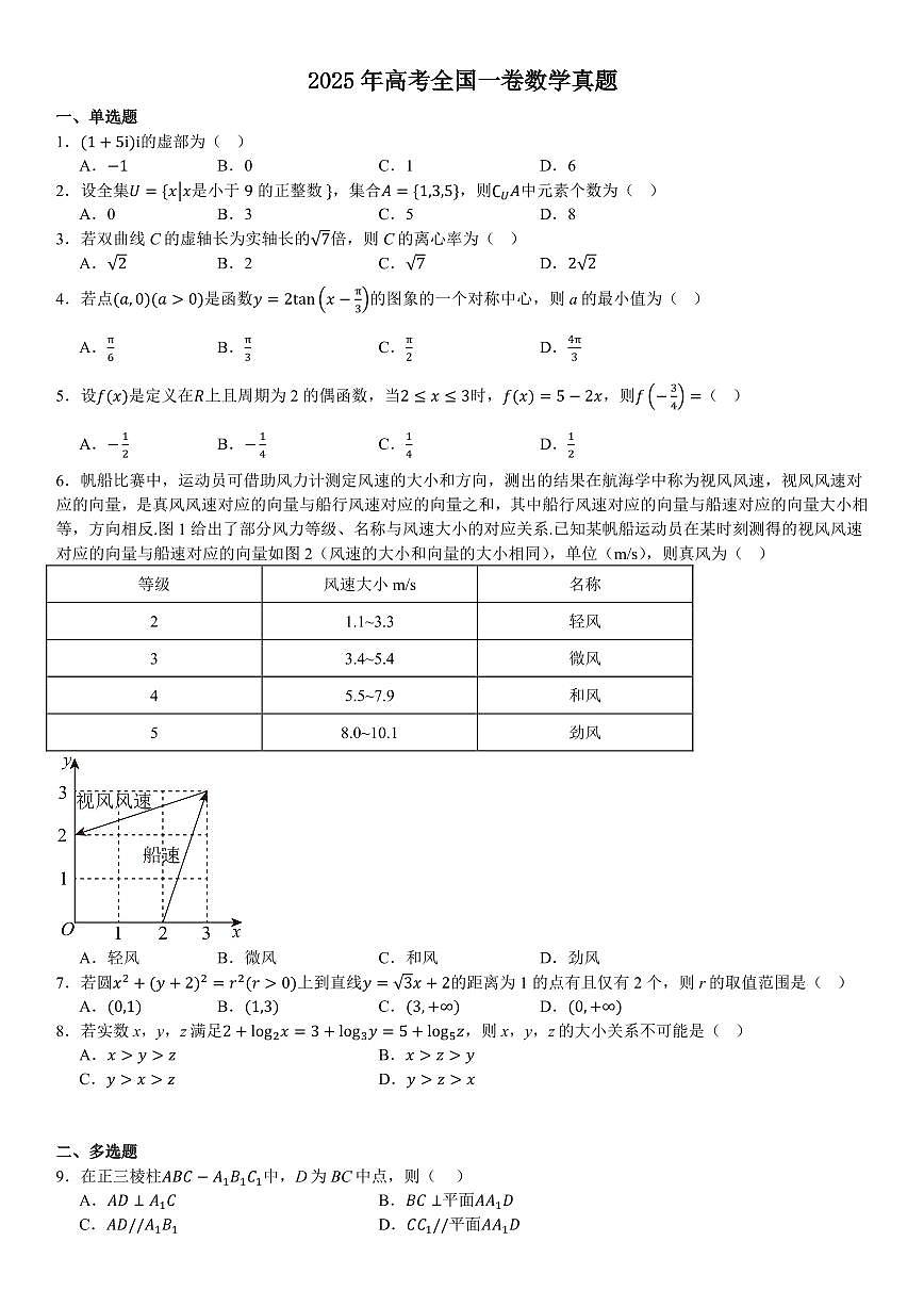 2025年高考全国一卷数学真题 含答案第1页