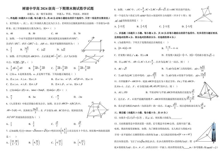 四川省成都市树德中学2024-2025学年高一下学期期末考试数学试卷第1页