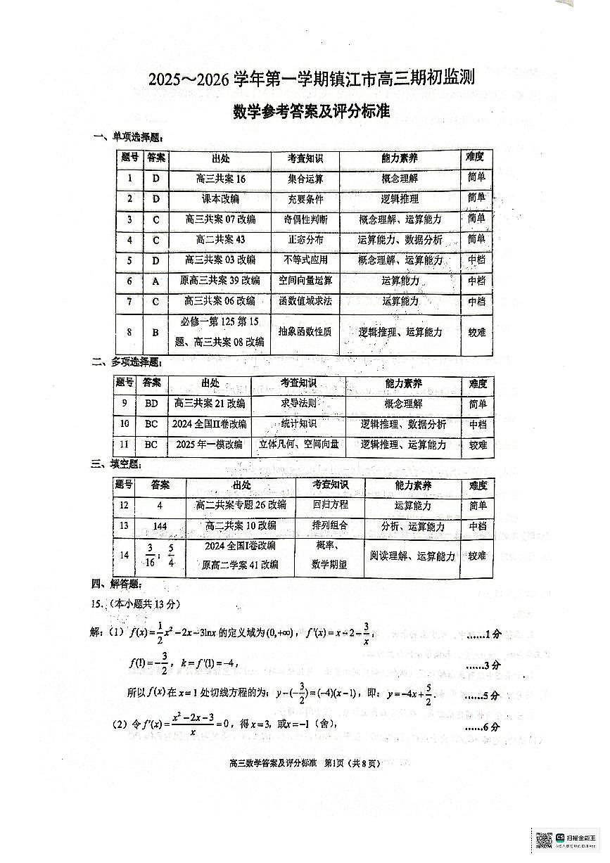 镇江市2025~2026学年第一学期高三期初监测数学答案第1页