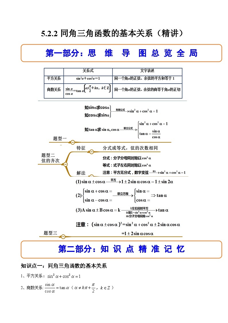 （人教A版）必修一数学高一上册同步讲与练5.2.2同角三角函数的基本关系（原卷版）第1页