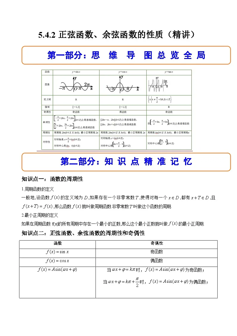 （人教A版）必修一数学高一上册同步讲与练5.4.2正弦函数、余弦函数的性质（解析版）第1页