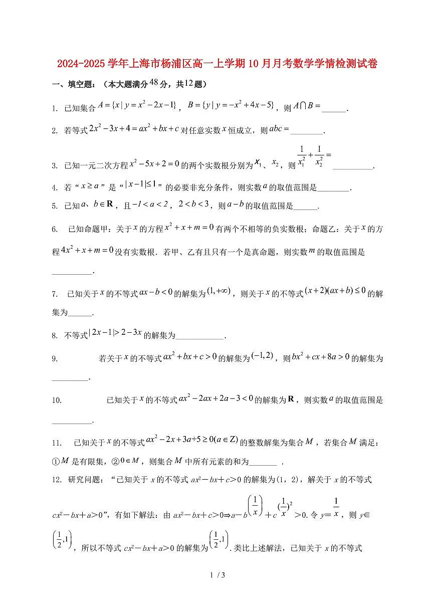 2024_2025学年上海市杨浦区高一上学期（10月）月考数学试卷第1页