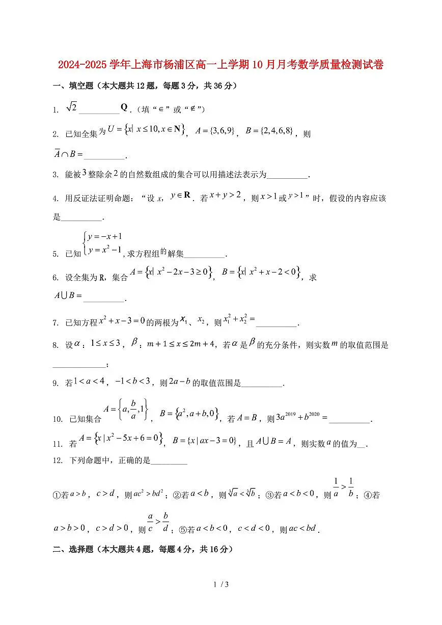 2024_2025学年上海市杨浦区高一上学期（10月）月考数学质量检测试卷第1页