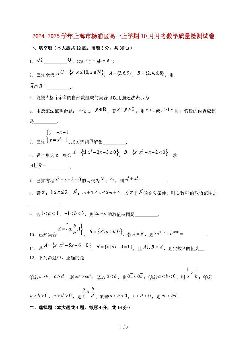 2024_2025学年上海市杨浦区高一上学期（10月）月考数学质量检测试卷第1页