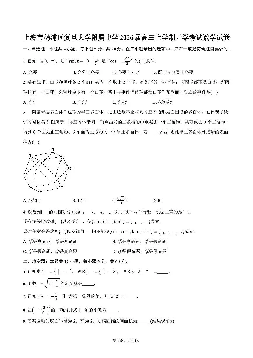 上海市杨浦区复旦大学附属中学2026届高三上学期开学考试数学试卷（含答案）第1页