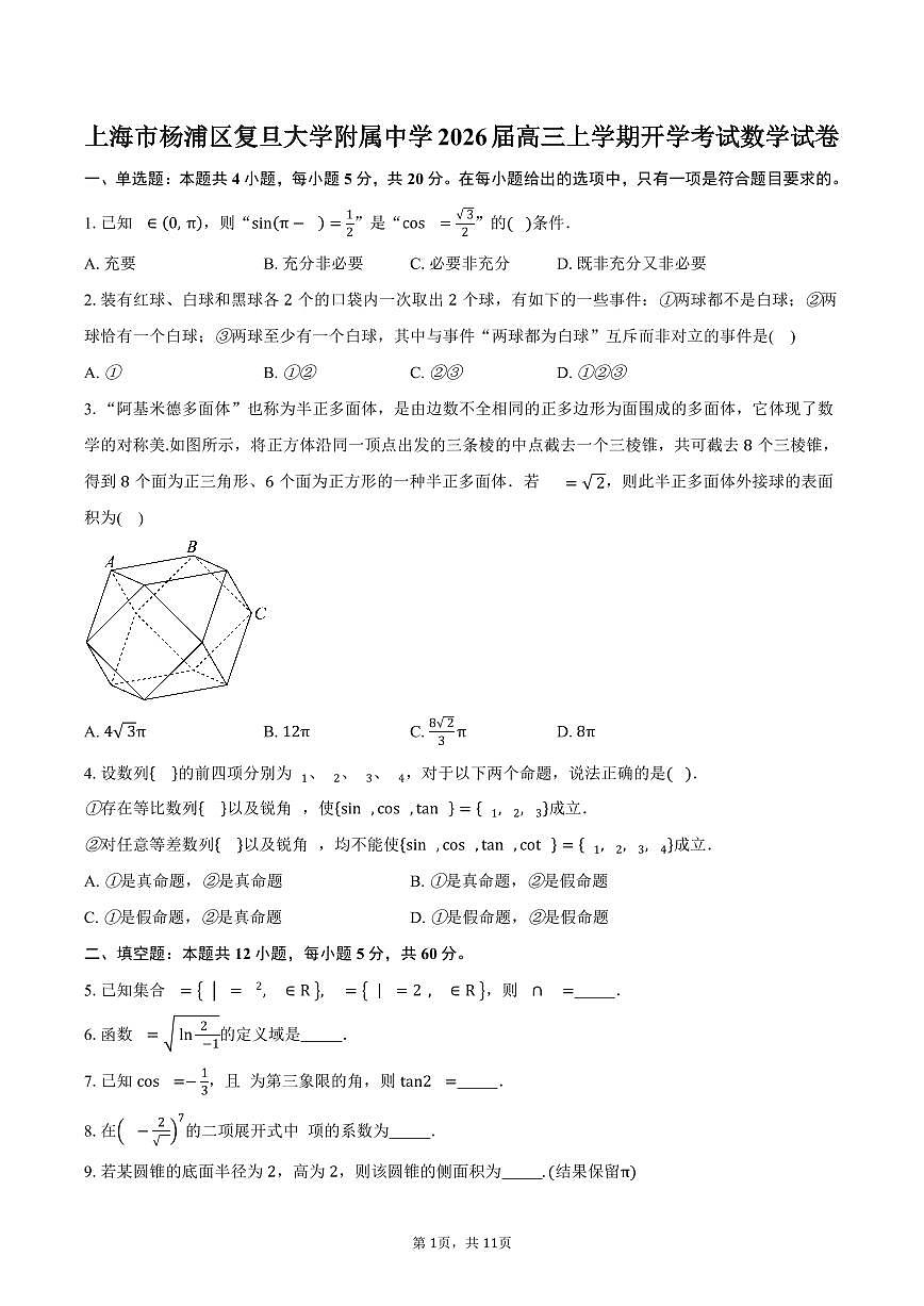 上海市杨浦区复旦大学附属中学2026届高三上学期开学考试数学试卷（含答案）第1页