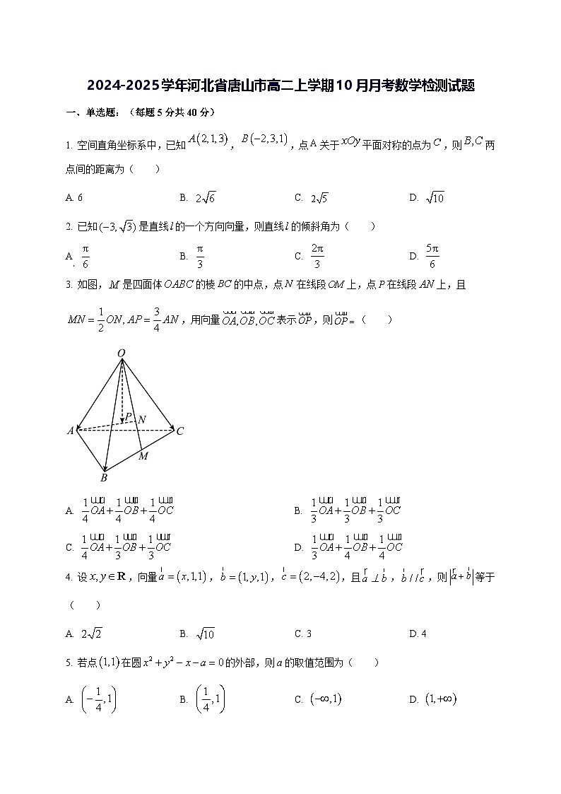 2024—2025学年度河北省唐山市高二上学期10月月考数学试题第1页