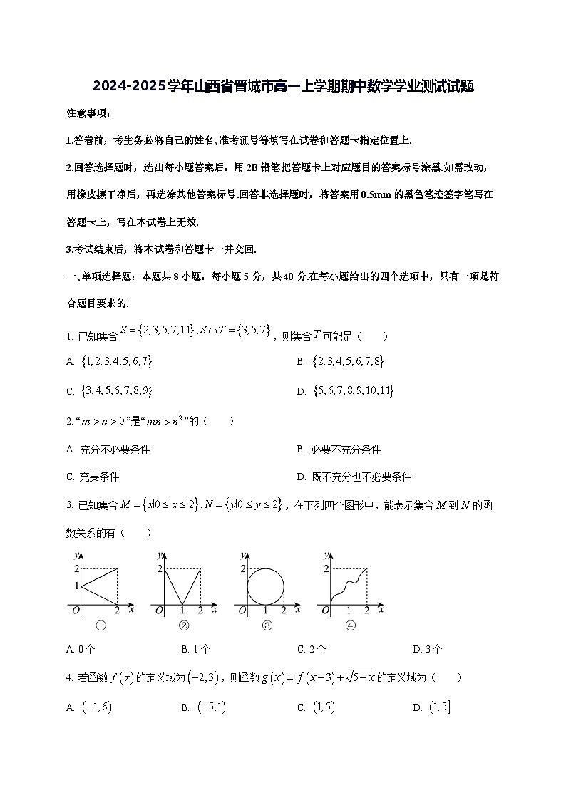 2024—2025学年度山西省晋城市高一上学期期中数学学业测试试题第1页