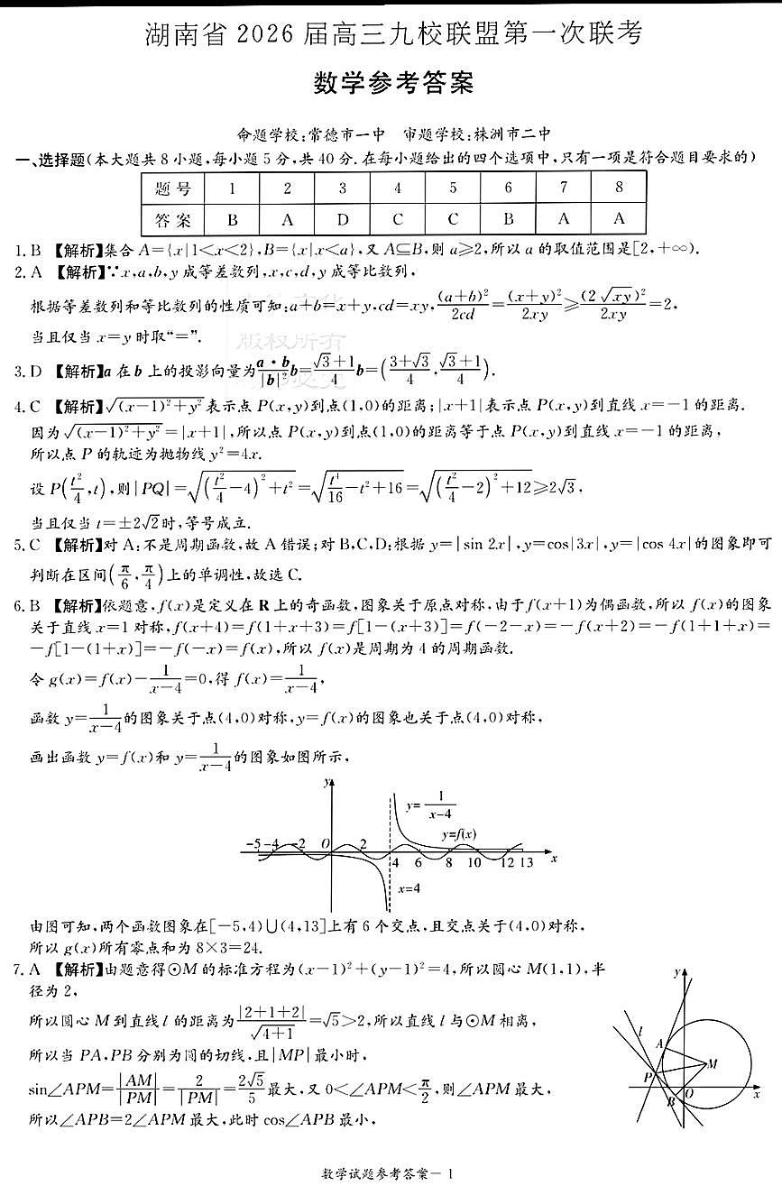 【DW】湖南2026届高三九校联盟第一次联考答案第1页