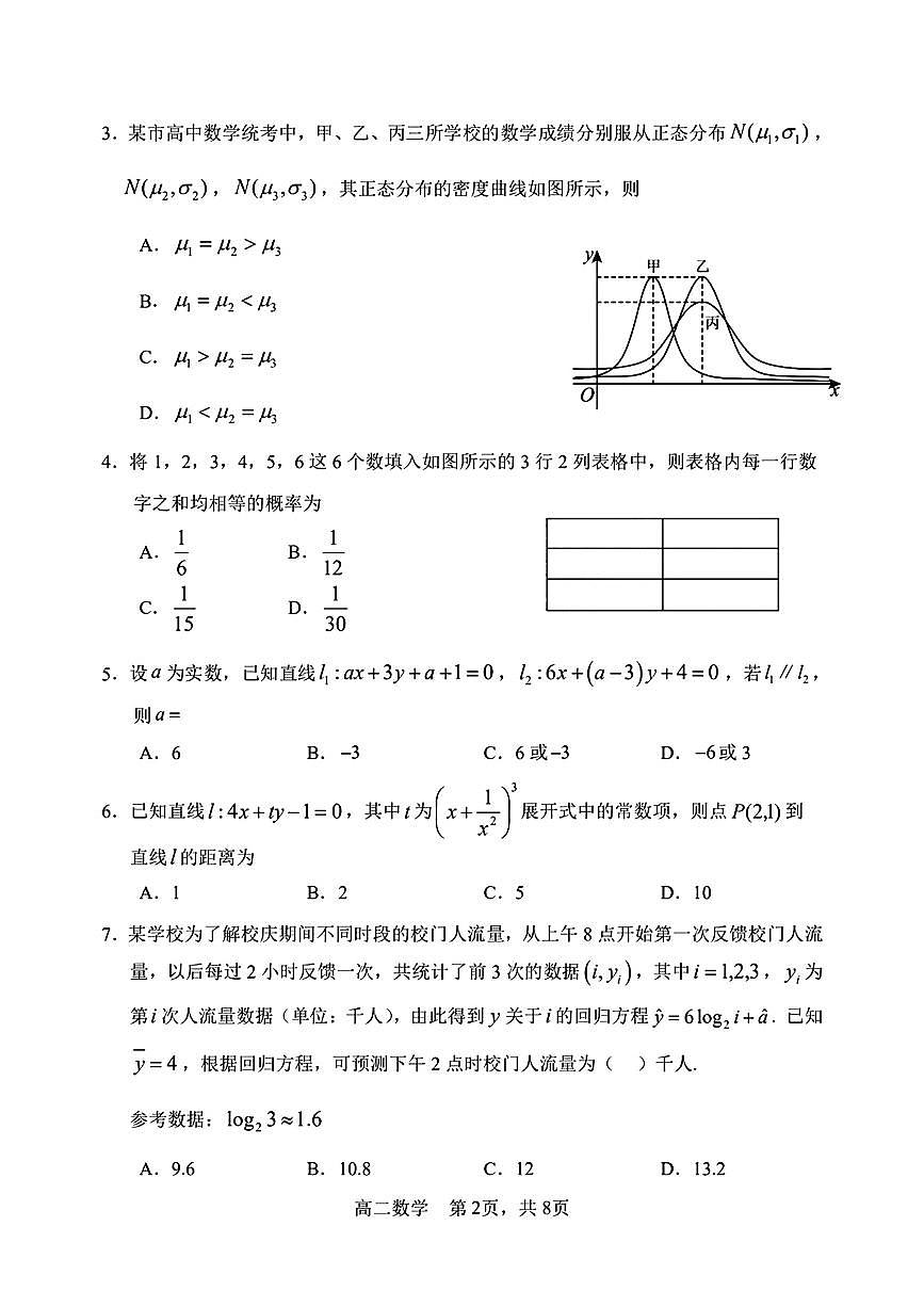 黑龙江省哈尔滨市第三中学校2024-2025学年高二上学期期中考试数学试卷第2页