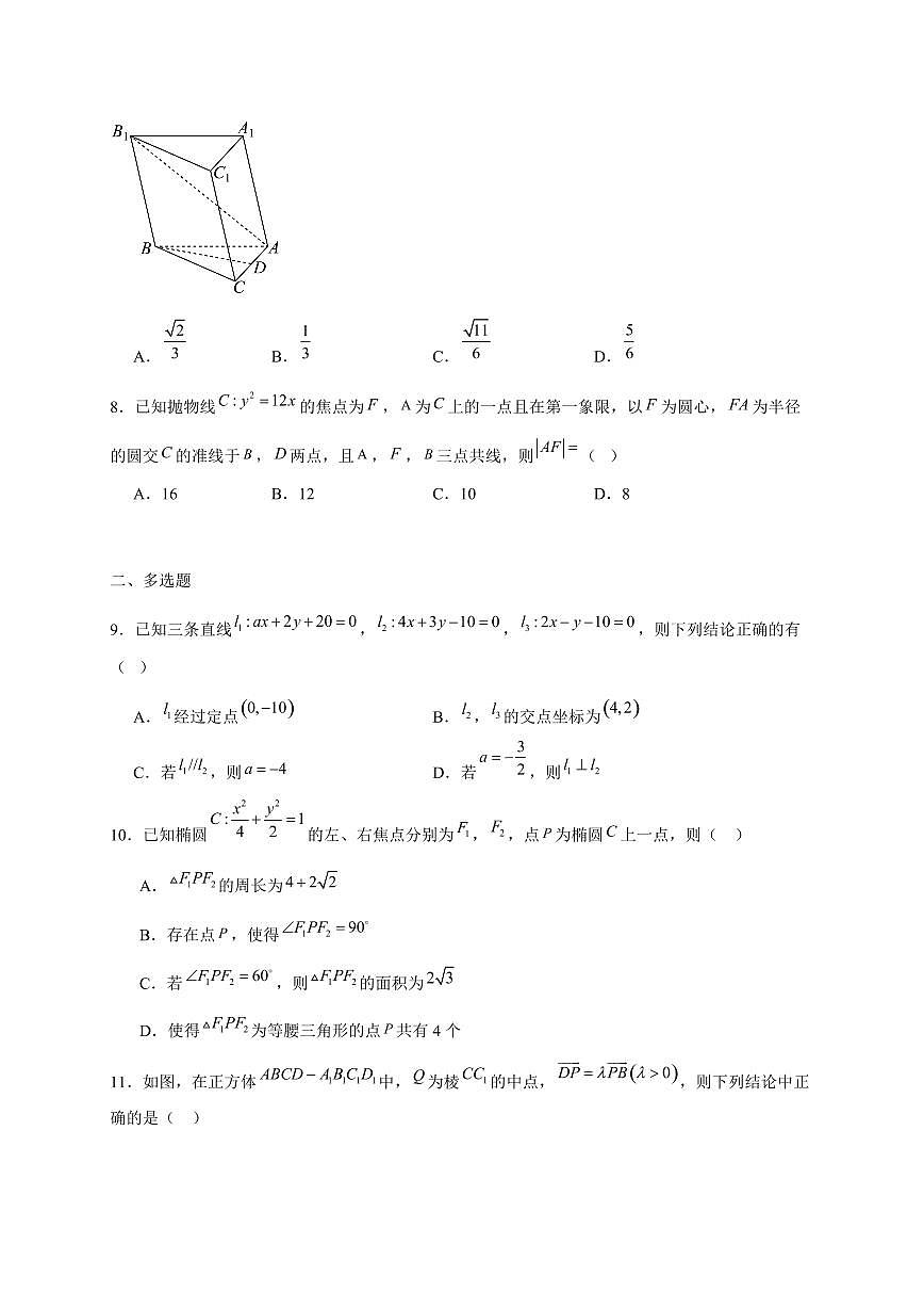 2024~2025学年吉林省长春市高二上学期11月（期中）考试数学试卷（附解析）第2页