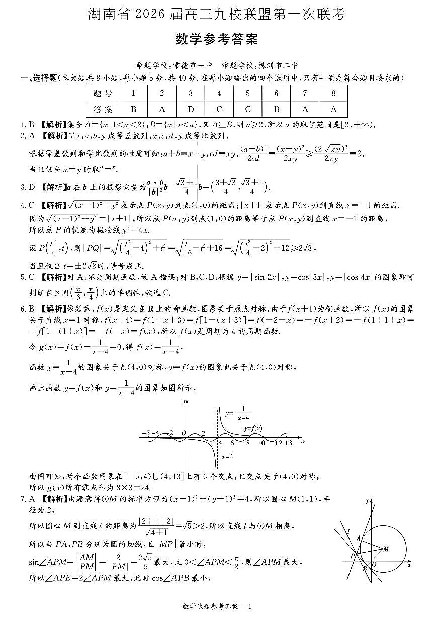 2026届湖南省高三上学期九校联盟第一次联考数学答案第1页