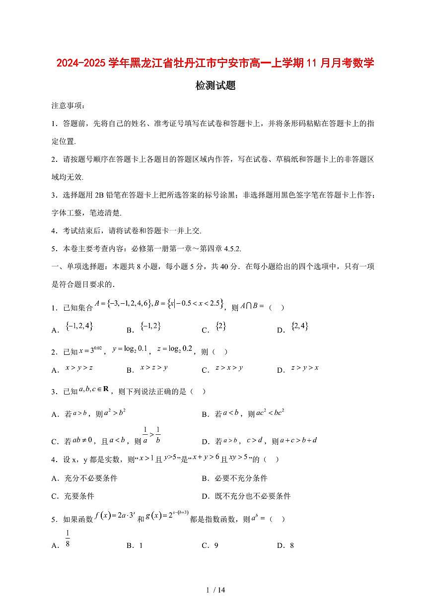 2024~2025学年黑龙江省牡丹江市宁安市高一上学期（11月）月考数学试卷【有解析】第1页