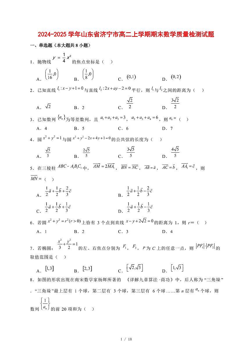 2024~2025学年山东省济宁市高二上学期期末数学试卷【有解析】第1页