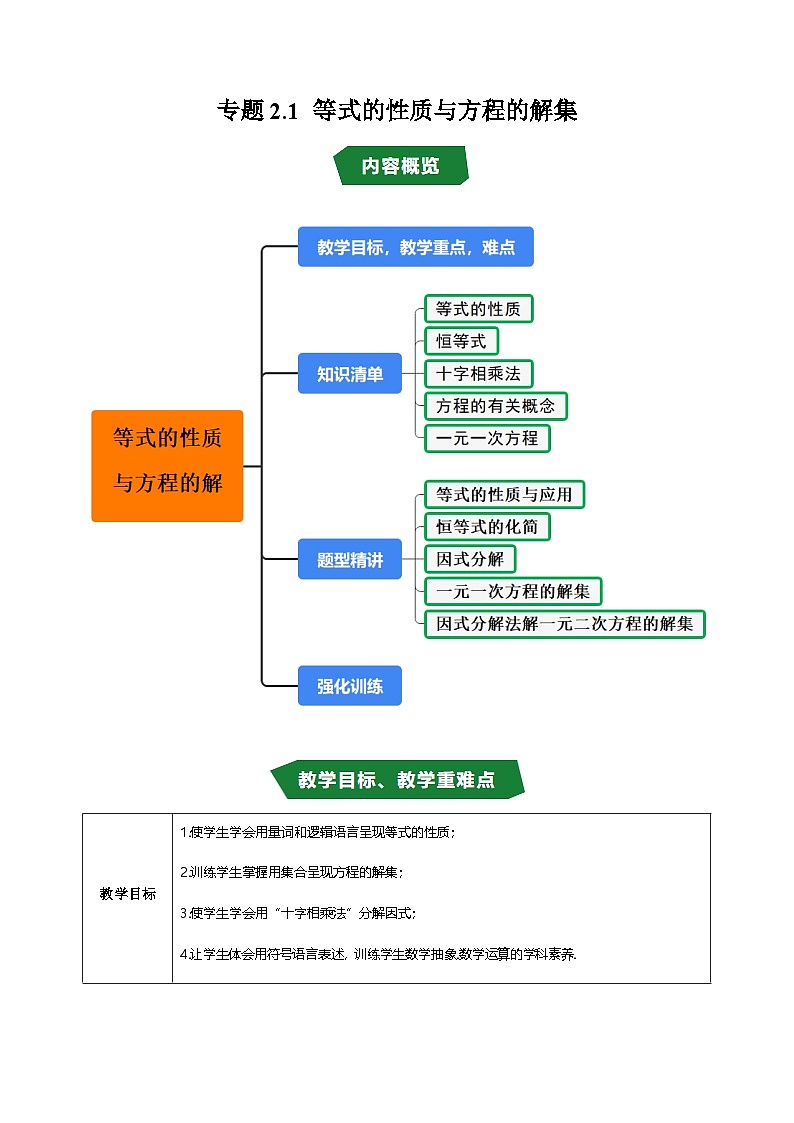 人教版B版(必修一)高中数学专题2.1等式的性质与方程的解集(原卷版+解析)第1页