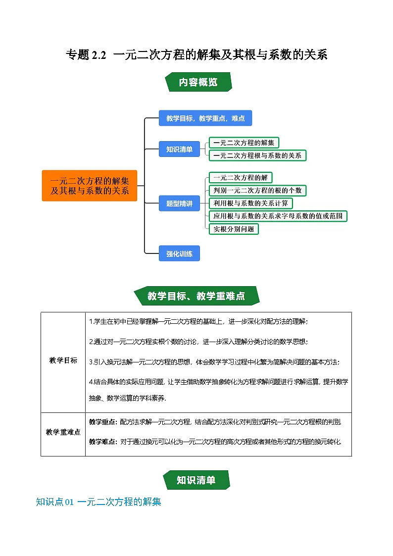 人教版B版(必修一)高中数学专题2.2一元二次方程的解集及其根与系数的关系(原卷版+解析)第1页