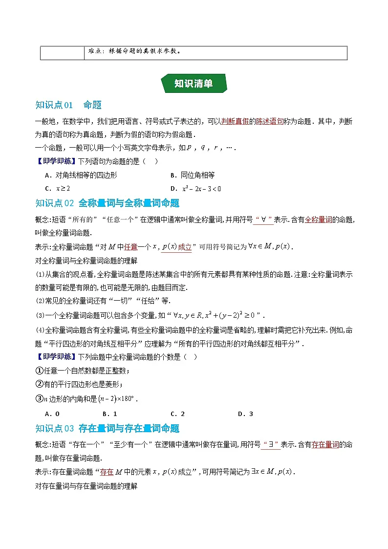 人教版B版(必修一)高中数学专题1.4命题与量词、全称量词命题与存在量词命题的否定(原卷版+解析)第2页