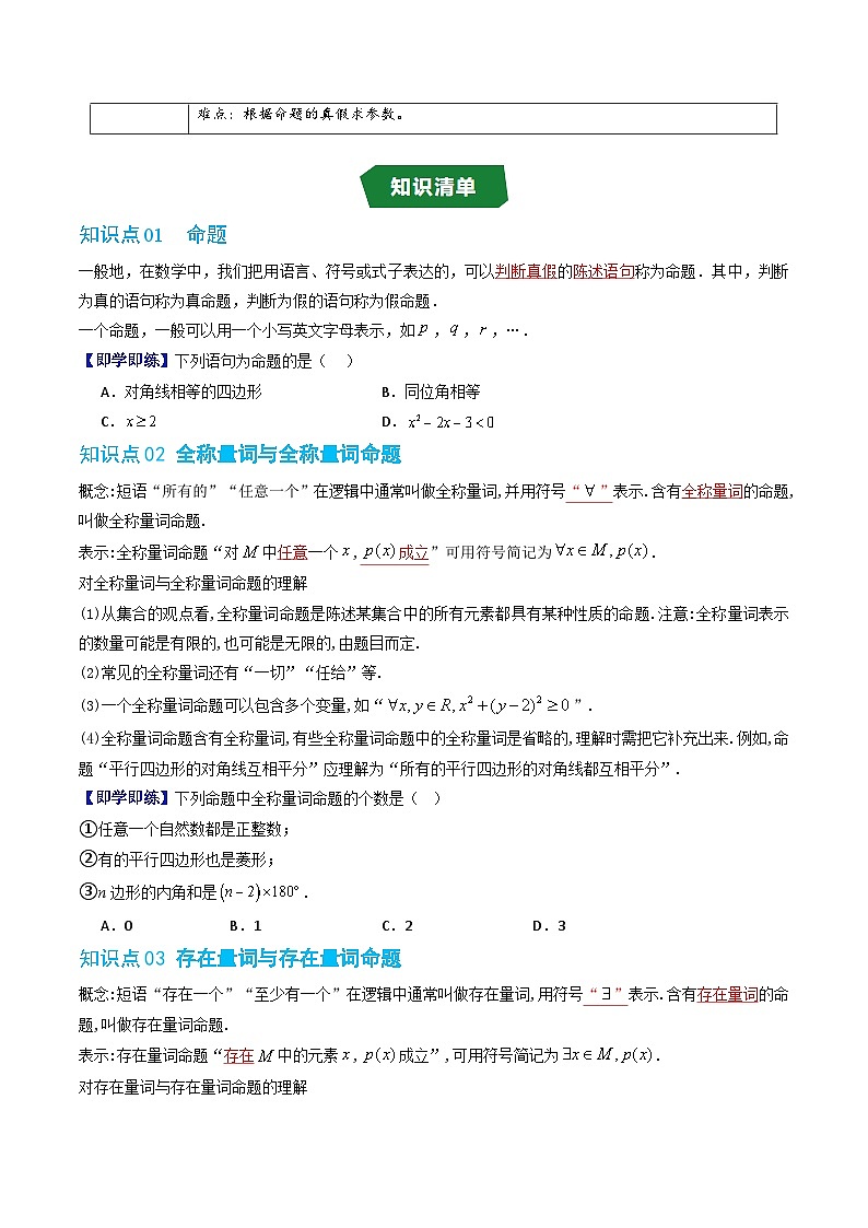 人教版B版(必修一)高中数学专题1.4命题与量词、全称量词命题与存在量词命题的否定(原卷版+解析)第2页