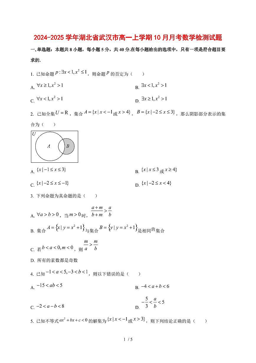 2024~2025学年湖北省武汉市高一上学期（10月）月考数学测试卷第1页