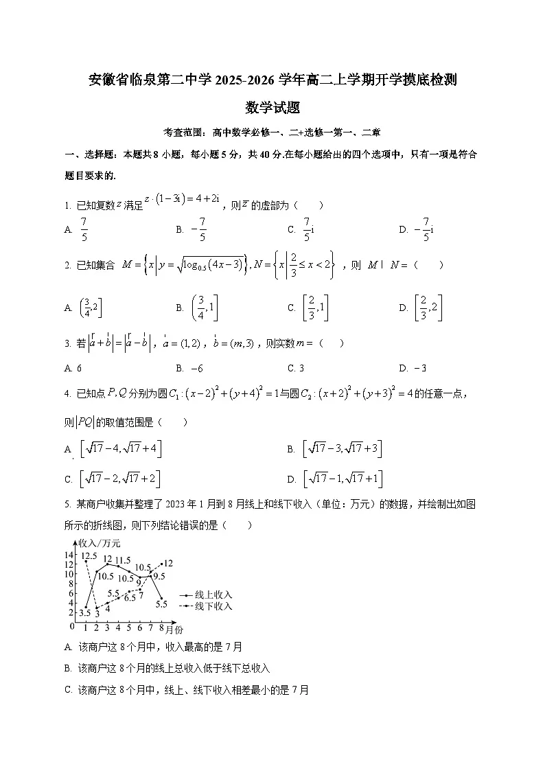 安徽省临泉第二中学2025~2026学年高二上学期开学摸底检测数学试卷第1页
