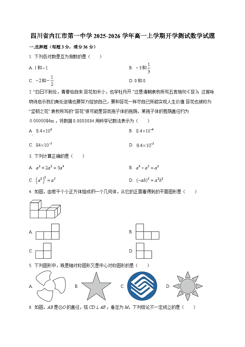 四川省内江市第一中学2025~2026学年高一上学期开学测试数学试卷第1页