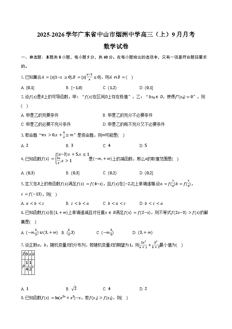 2025-2026学年广东省中山市烟洲中学高三（上）9月月考数学试卷（含解析）第1页