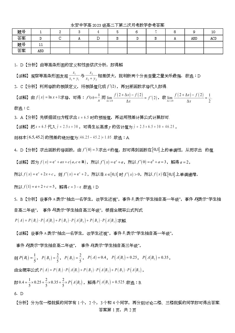 永安中学高2023级高二下第二次月考数学参考答案第1页