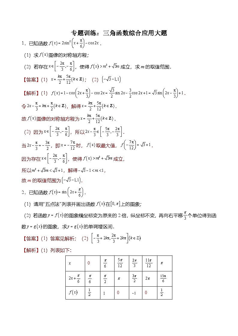 （人教A版）必修一高一数学上册期末复习专题训练专题训练：三角函数综合应用大题（解析版）第1页