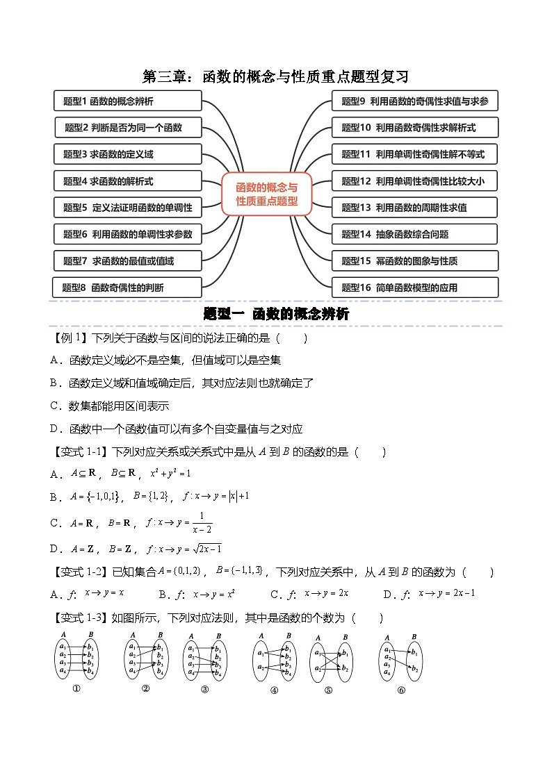 （人教A版）必修一高一数学上册第三章：函数的概念与性质重点题型复习（原卷版）第1页