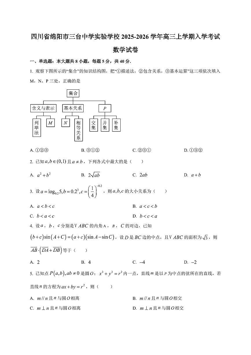 2025~2026学年四川省绵阳市三台中学实验学校高三上册入学考试数学试卷【含解析】第1页